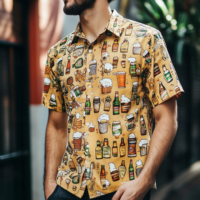  Men's Oktoberfest Beer Shirt Summer Shirt Button Up Shirt Short Sleeve Fashion Casual Outdoor Holiday Summer Spring Turndown 3D Print Collared Shirts Orange Khaki