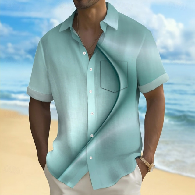  Men's Gradient Waves Marble Shirt Summer Shirt Button Up Shirt Short Sleeve Fashion Casual Outdoor Vacation Dailywear Summer Spring Turndown 3D Print Collared Shirts Front One Pocket White Blue Khaki