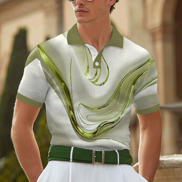  Herre Abstrakt Marmor Vaffel poloskjorter Kortermet Poloskjorter Skjorter med krage Business Casual treningsklær Dagligdagstøy 3D-utskrift Knapper Sommer Blå Gull Grønn