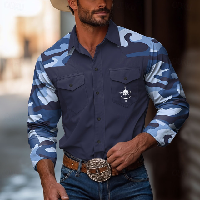  Men's Camouflage Compass Shirt Western Shirt Cowboy Shirt Long Sleeve Vintage Western Style Outdoor Daily WorkWear Fall & Winter Turndown 3D Print Front Two Pockets Button Up Shirts White Blue Dark