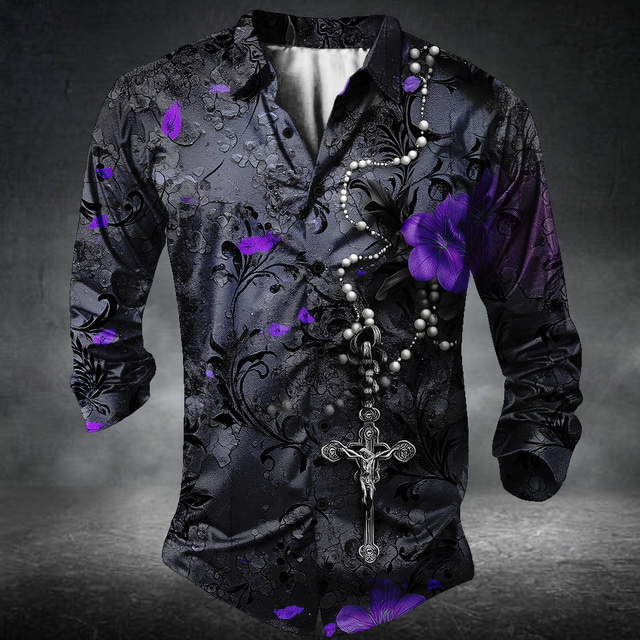  Homme Croix Templière Romantique Rose Chemise Chemise Boutonnée manche longue Style gothique sombre Fête Vêtements de rue Été Printemps Col Rabattu Impression 3D chemises à col Rouge Bleu Violet