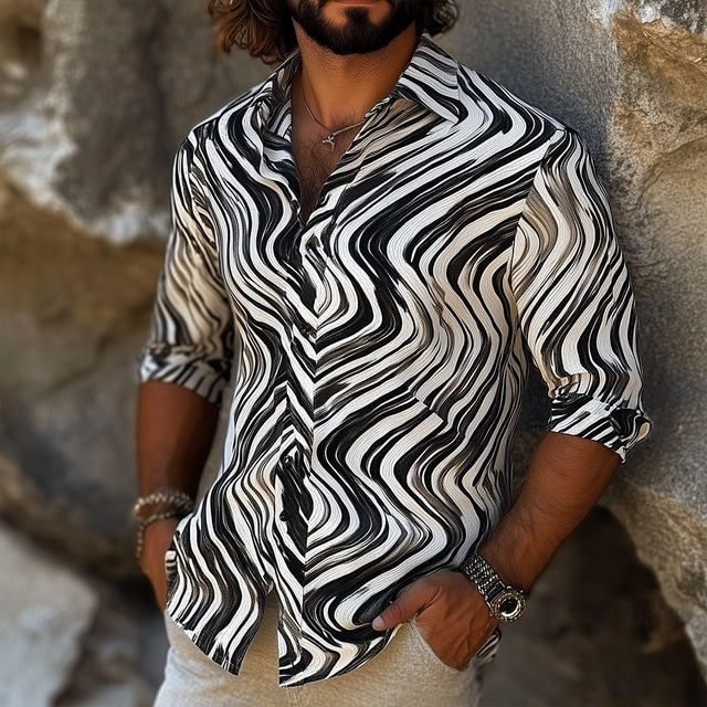  Men's Geometric Stripes Waves Shirt Button Up Shirt Casual Dress Shirt Long Sleeve Fashion Casual Formal Vacation Dailywear Summer Spring Turndown 3D Print Collared Shirts Black Black+White