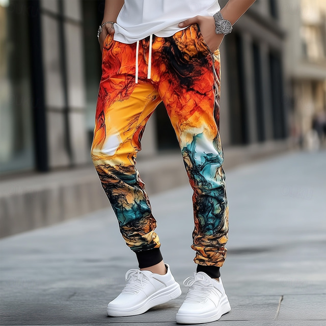  Men's Waves Abstract Sweatpants Joggers Workout Pants Drawstring Elastic Waist Casual Dailywear Running Jogging Athletic Sweatpants with Pockets Spring Fall Winter 3D Print Orange Dark Blue