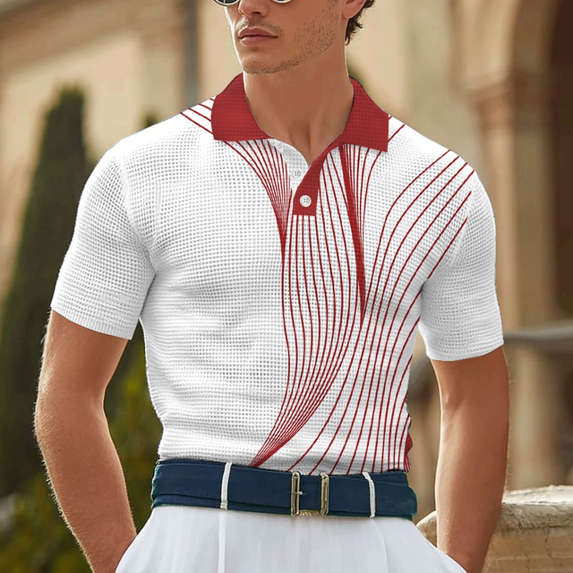  Men's Abstract Geometic Waffle Polo Shirts Short Sleeve Polo Shirts Collared Shirts Business Casual Business Athleisure Daily Wear 3D Print Buttons Summer Red Blue Green