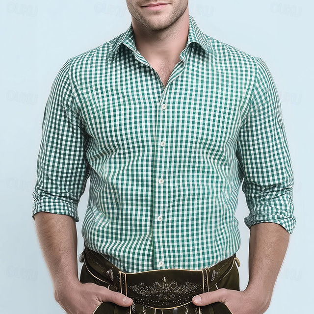  Men's Plaid Checkered Traditional Oktoberfest Shirt Button Up Shirt Trachten Shirts Long Sleeve Casual Dailywear Holiday Summer Spring Turndown 3D Print Linen Like Shirt Blue Green