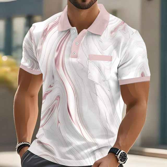  Men's Geometic Line Polo Short Sleeve Polo Shirts Collared Shirts Business Casual Outdoor Athleisure Daily Wear Pocket 3D Print Buttons Summer Pink Blue Gold