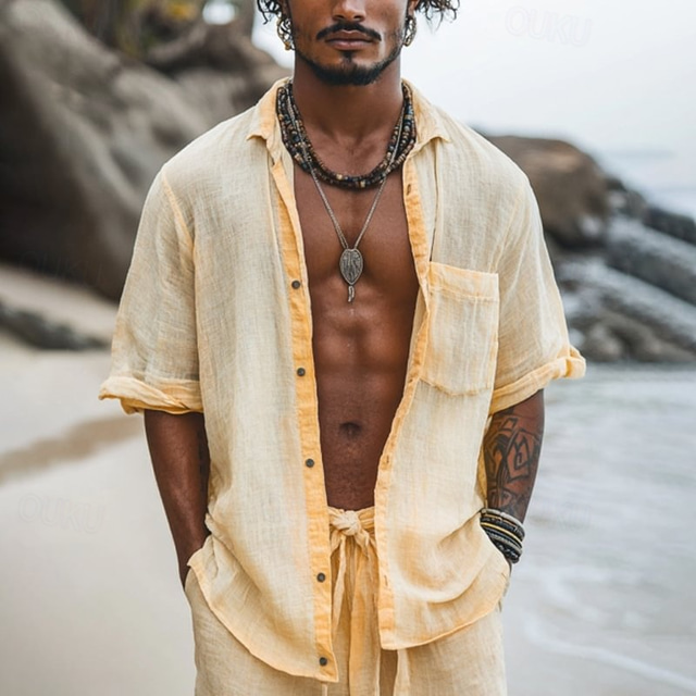  Men's Shirt Linen Shirt Casual Shirt Button Up Shirt Cotton Shirt Patchwork Vacation Hawaiian Yellow Short Sleeve Lapel Summer Spring Clothing Apparel Pocket