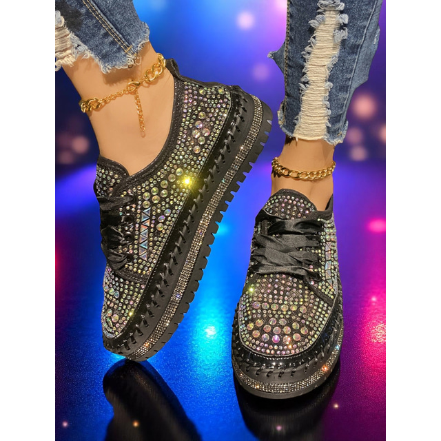  Women's Sparkling Rhinestone Sneakers with Silver Accents, Platform Lace-Up Shoes for Nightlife Parties and Glamorous Looks