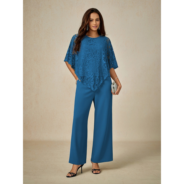  Femmes Chemisier Hauts Élégants Dentelle Patchwork Superposé Élégant Demi Manches Col ras du cou Quotidien robe demoiselle d honneur Bleu Été Printemps Automne