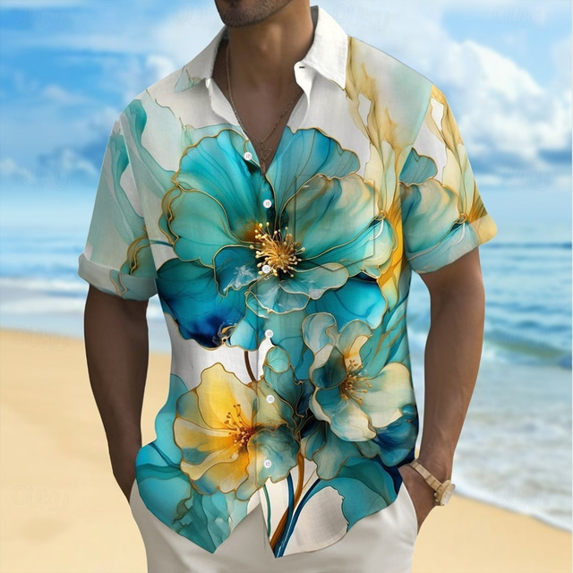  Men's Gradient Floral Print Flowers Summer Hawaiian Shirt Button Up Shirt Aloha Shirt Short Sleeve Hawaiian Holiday Beach Wear Summer Spring Turndown 3D Print Collared Shirts Front One Pocket White
