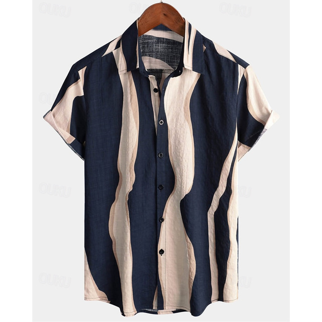  Men's Shirt Summer Shirt Casual Shirt Beach Shirt Button Up Shirt Navy Blue Blue Short Sleeve Stripes Lapel Vacation Hawaiian Clothing Apparel Fashion Casual Comfortable