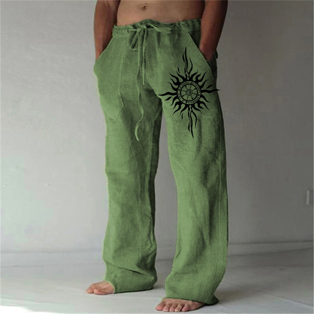  Per uomo Pantaloni di Lino Pantaloni Pantaloni Estivi Pantaloni Larghi Coulisse Elastico in vita Gamba Dritta Fiori Comodità Traspirante Lunghezza intera Casuale Quotidiano Ferie Vacanza Moda Verde