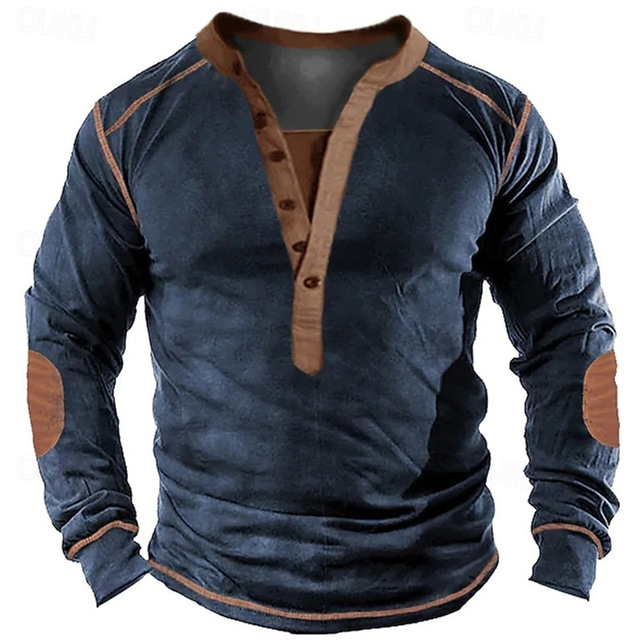  Men's T Shirt Henley Shirt Tee Tee Top Long Sleeve Henley Spring Fall Plain Fashion Designer Basic Patchwork Vacation Street Going out Navy Blue Top Tee for Men