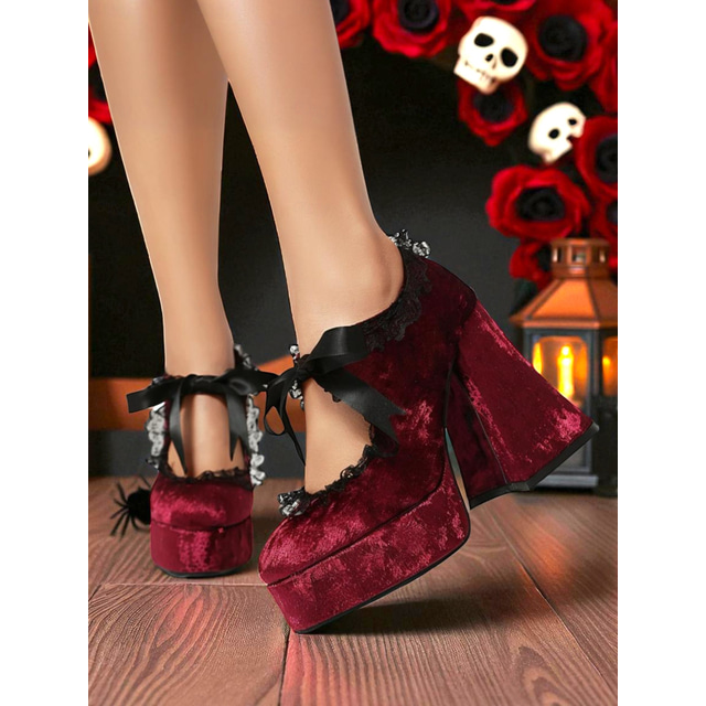  Women's 19th Century Victorian Gothic Velvet Platform Heels  -  Burgundy Mary Jane Chunky Pumps with Lace Trim and Ribbon for Halloween,Cosplay,and Lolita Fashion