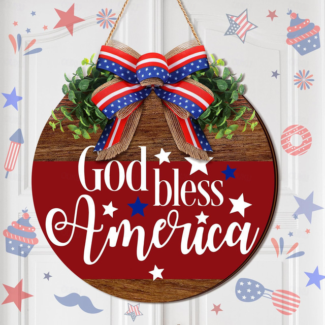  Patriotic Welcome Sign for Front Door 4th of July Independence Day Wreath Decorations Outdoor Door Hanger for Porch, Wall, Window 12