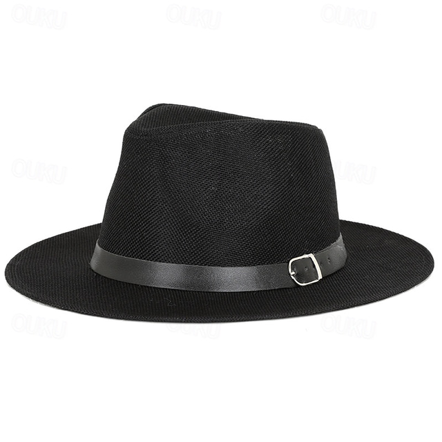  Men's Linen Sun Hat Panama Flat Brim British Jazz Hat Sun Protection Gentleman Hat
