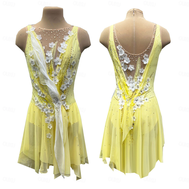  Figure Skating Dress Women's Girls' Ice Skating Dress Light Yellow Thumbhole Halo Dyeing High Elasticity Professional Competition Skating Wear Thermal Warm Crystal / Rhinestone Sleeveless Ice Skating