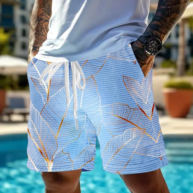  Men's Palm Leaf Tropical Plants Waffle Shorts Sweat Shorts Casual Shorts Mid Waist Fashion Casual Vacation Jogging Workout Elastic Drawstring Waist Shorts with Pockets Designer Clothing Apparel