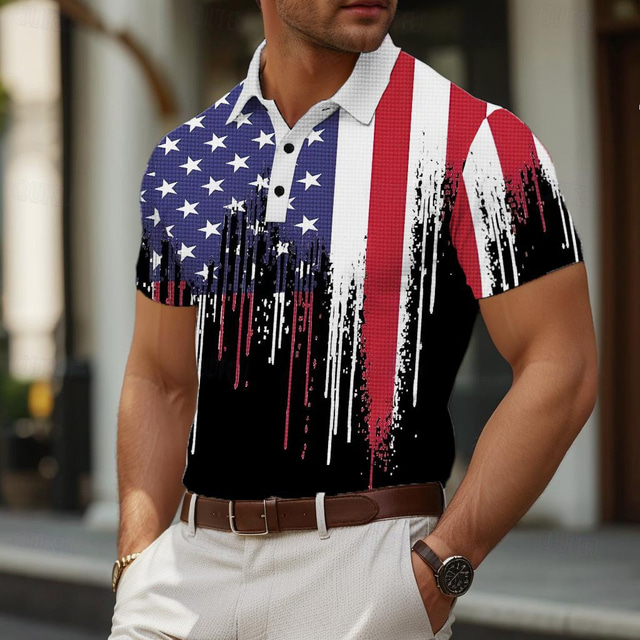  American Independence Day Men's American Flag Veterans Golf Shirt Short Sleeve Polo Shirts Collared Shirts Casual Streetwear Vacation Wear Party Outfits Buttons 3D Print Summer Spring Black