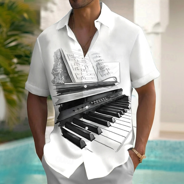  Men's Piano Musical Instrument Shirt Summer Shirt Button Up Shirt Short Sleeve Fashion Casual Outdoor Vacation Dailywear Summer Spring Turndown 3D Print Collared Shirts Front One Pocket Black White