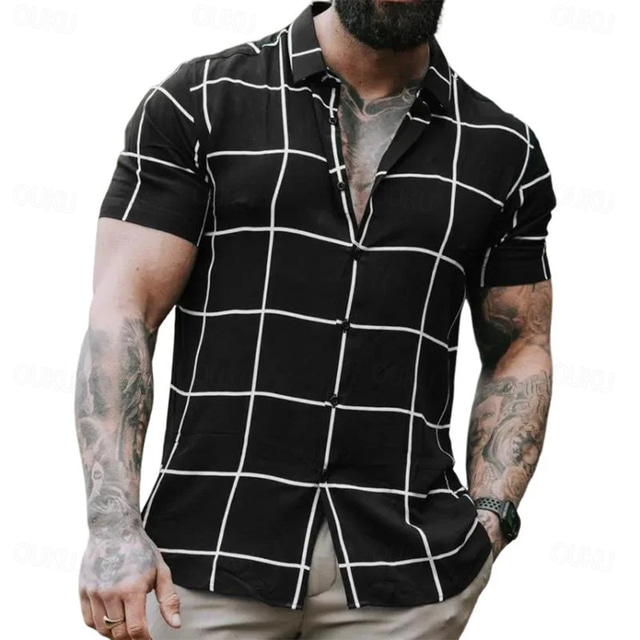  Men's Geometric Grid / Plaid Shirt Summer Shirt Button Up Shirt Short Sleeve Fashion Casual Outdoor Vacation Dailywear Summer Spring Turndown 3D Print Collared Shirts Black