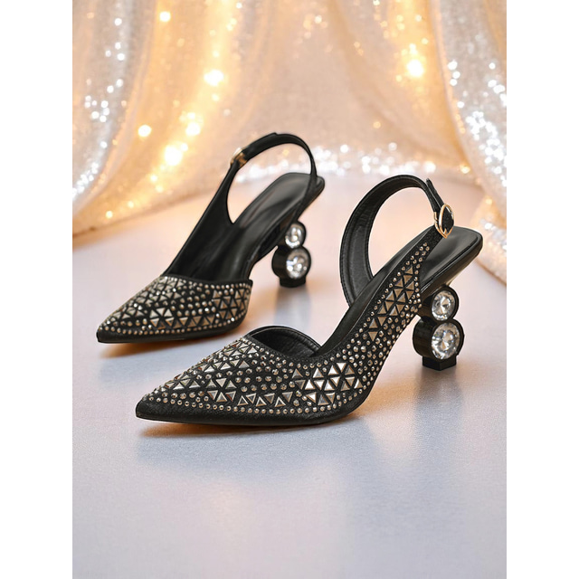  damskie czarne czółenka na obcasie typu slingback zdobione kryształkami, buty imprezowe ze szpiczastym noskiem i geometrycznymi kryształowymi obcasami na wieczorne wyjścia i imprezy klubowe