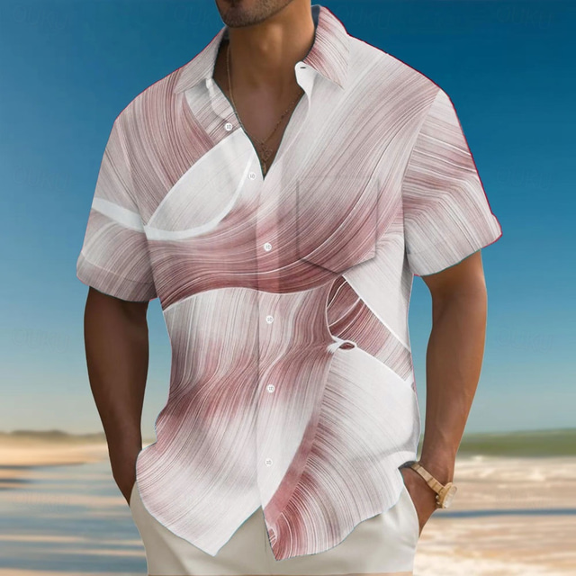  Men's Geometric Gradient Waves Shirt Summer Shirt Button Up Shirt Short Sleeve Fashion Casual Outdoor Vacation Dailywear Summer Spring Turndown 3D Print Collared Shirts Front One Pocket Red Blue