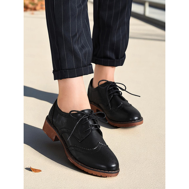  Women's Brown Faux Leather Brogue Oxford Shoes – Classic Wingtip Lace-Up Flats for Work, Daily Office Wear and Fall Outings