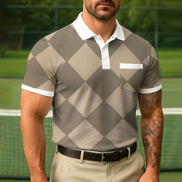  Men's Color Block Polo Short Sleeve Turndown Business Casual Daily Sports & Outdoor Athleisure Casual Daily Pocket Buttons Summer Robin's Egg Blue Grey Brown