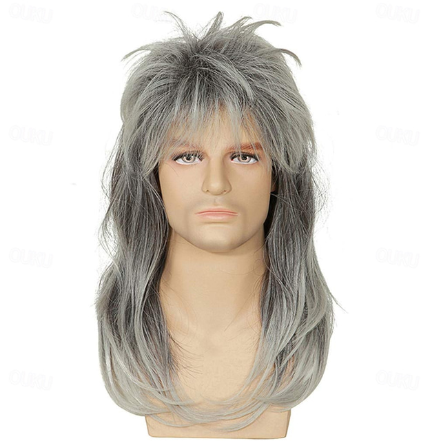  Peruci bărbătești gri cu gradient mullet, peruci rock and roll din anii '80, lungime până la umeri, aspect natural, rezistent la căldură, din fibre sintetice, perucă de cosplay pentru filme