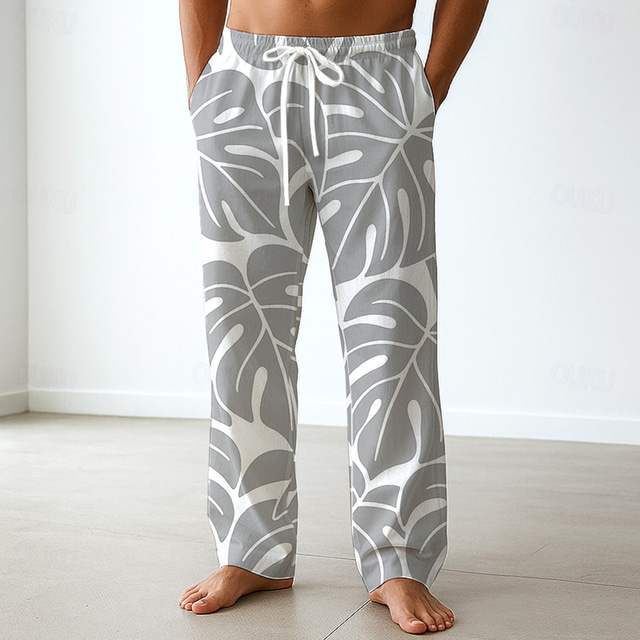  Men's Trousers Baggy Pants Casual Pants Elastic Waist Wide Leg Drawstring Palm Leaf Tropical Plants Full Length Vacation Holiday Beach Wear Hawaiian Blue Green Inelastic