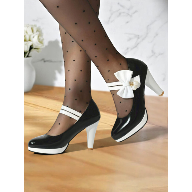  Women’s 1950s Vintage  Blue Patent Leather Heels with White Bow and Pearl Detail – Retro Platform Pumps for Parties, Weddings, and Daily Elegance