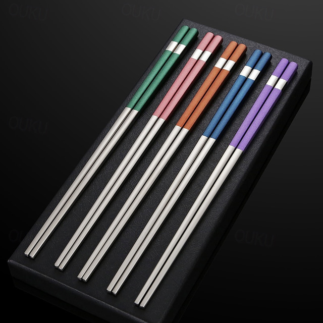  5 Pairs of Chopsticks, Reusable 304 Stainless Steel Chopsticks, Multi-Color Anti-Slip Chopsticks, Heat-Insulated and Anti-Scalding Chopsticks