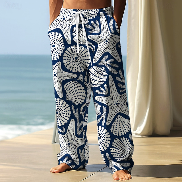  Men's Trousers Baggy Pants Casual Pants Elastic Waist Wide Leg Drawstring Starfish Marine Life Full Length Vacation Holiday Beach Wear Hawaiian Black Dark Red Inelastic