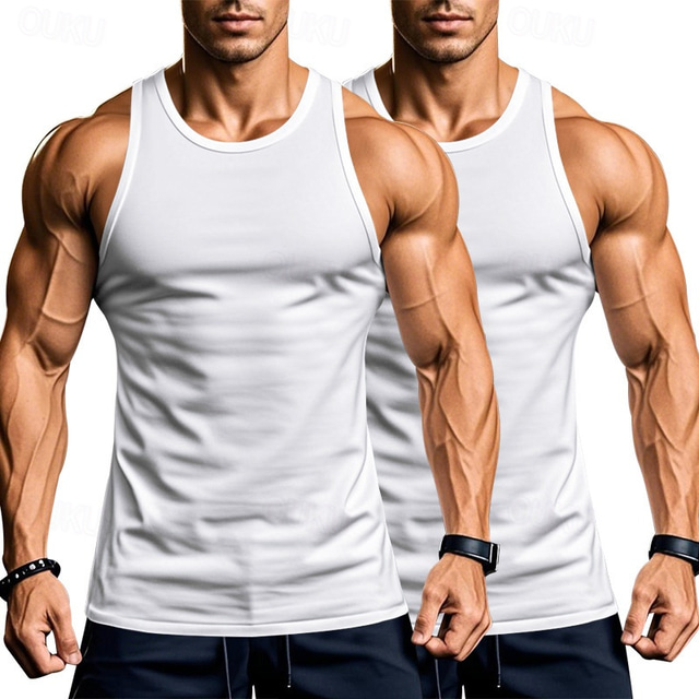  Men's Tank Top Vest Top Undershirt Sleeveless Shirt Sleeveless Crew Neck Summer Plain Fashion Designer Basic 2 Piece Vacation Street Going out Black White Black+White Top Tee for Men