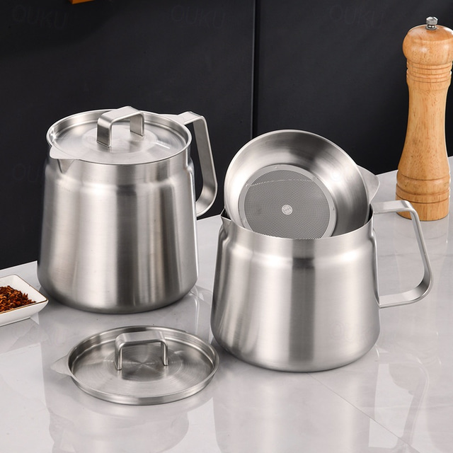  1.5L/2L304 Stainless Steel Oil Pot with Strainer, Essential Grease Container for Deep Frying Large Capacity Versatile Oil Filter Multi-function for Deep Frying, Boiling, and Simmering