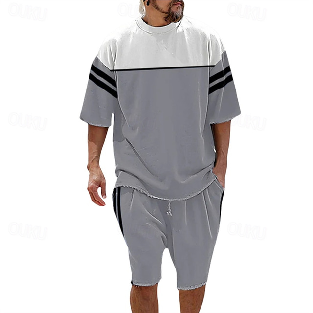  Men's T-shirt Suits 2 Pieces Outfits Tee & Shorts Short Sleeve Crew Neck Summer Color Block Fashion Casual 2 Piece Vacation Daily Wear Going out Black Blue Green Top Tee for Men