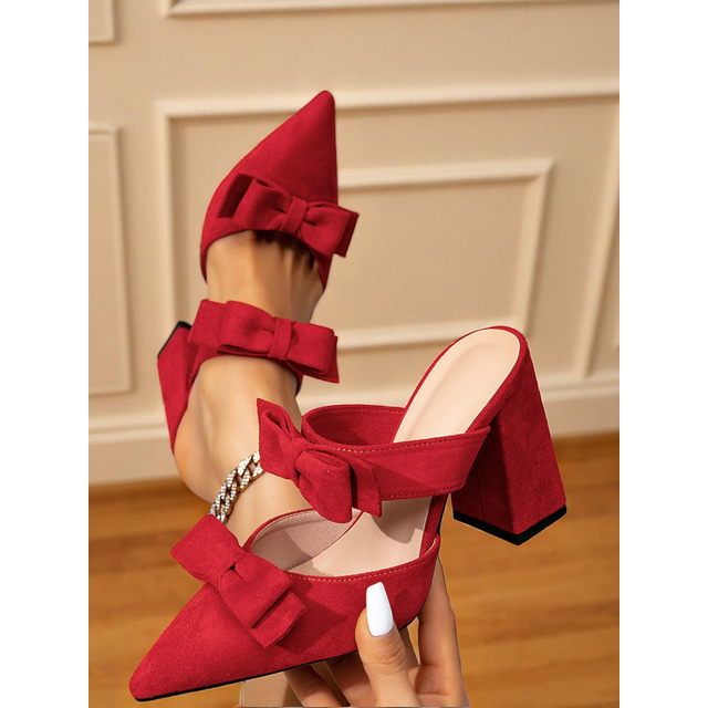  Women's Red Suede Pointed Toe Mules with Double Bow Straps – Elegant Block Heel Slip-On Shoes for Parties, Dates, and Formal Occasions