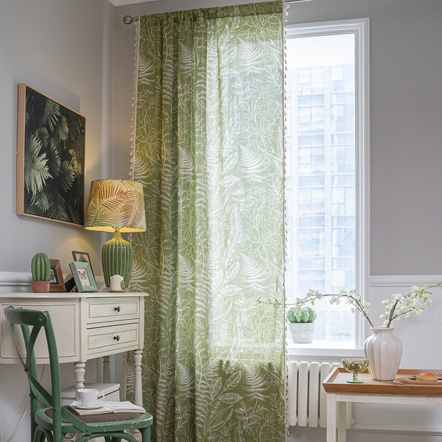  Cortină boho pentru dormitor din bumbac imprimat și in draperie rustică bohemiana cu ciucuri pentru feronerie 1 panou frunze tropicale verzi