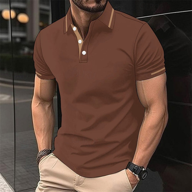  Men's Polo Button Up Polos Casual Sports Lapel Short Sleeve Fashion Basic Stripes Patchwork Buttons Summer Spring Black Pink Wine Brown Polo
