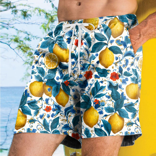  Herren Frucht Zitronengelb Tropische Pflanzen Badehosen Badeshorts Boardshorts Mittlere Taille Streetwear Hawaiianisch Urlaub Seitentaschen Netzfutter Elastischer Kordelzug in der Taille Designer