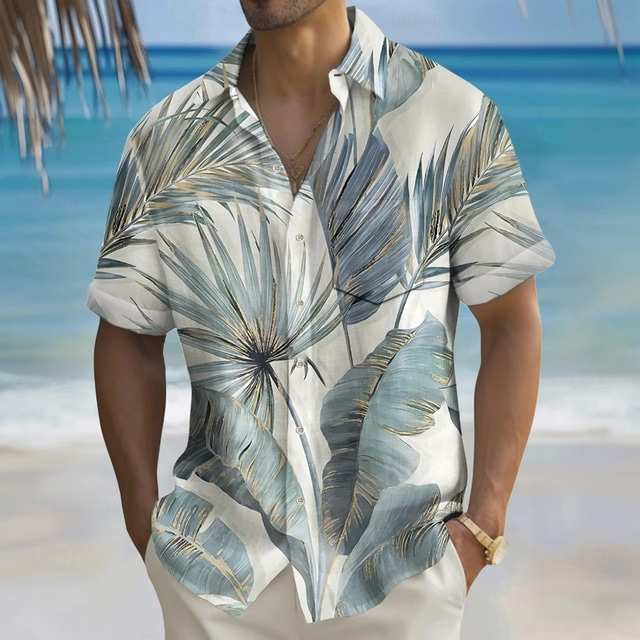  Men's Palm Leaf Tropical Plants Summer Hawaiian Shirt Button Up Shirt Aloha Shirt Short Sleeve Hawaiian Holiday Beach Wear Summer Spring Turndown 3D Print Collared Shirts Front One Pocket Light Green