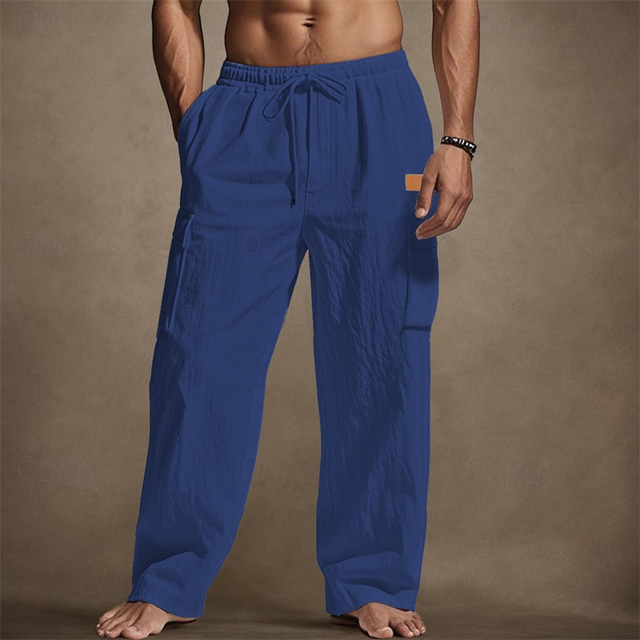  Men's Linen Pants Trousers Summer Pants Beach Pants Pocket Drawstring Elastic Waist Plain Comfort Breathable Vacation Daily Holiday Hawaiian Boho ArmyGreen Black