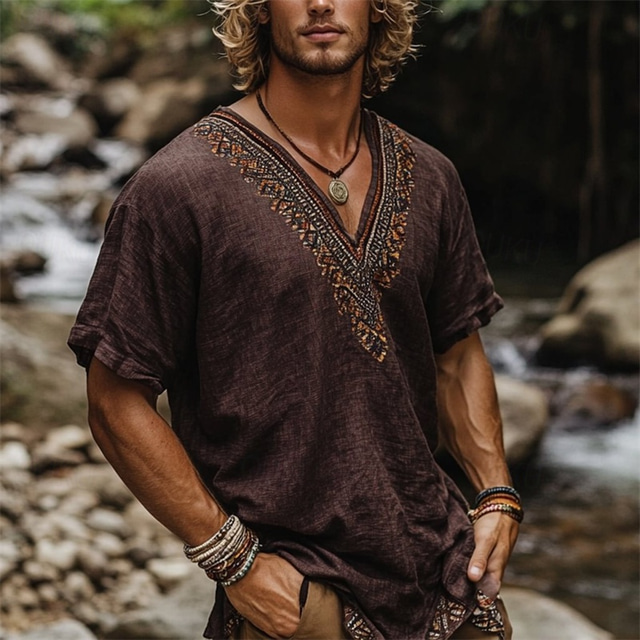  Men's Linen Shirt Summer Shirt Vintage Shirt Short Sleeve Shirt Ethnic Shirt Patchwork Vacation Street Coffee Short Sleeve V Neck Summer Clothing Apparel Ethnic