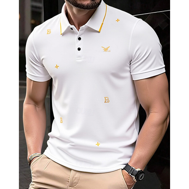  Men's Polo Button Up Polos Casual Sports Lapel Short Sleeve Fashion Basic Print Buttons Summer Spring Black White Wine Navy Blue Polo