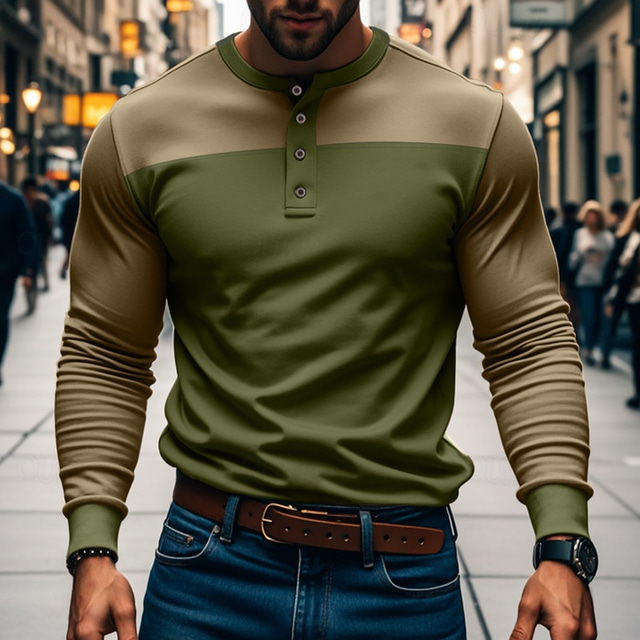  Men's T Shirt Henley Shirt Tee Tee Top Long Sleeve Henley Summer Spring Color Block Fashion Designer Basic Patchwork Vacation Street Going out Black Brown Green Top Tee for Men