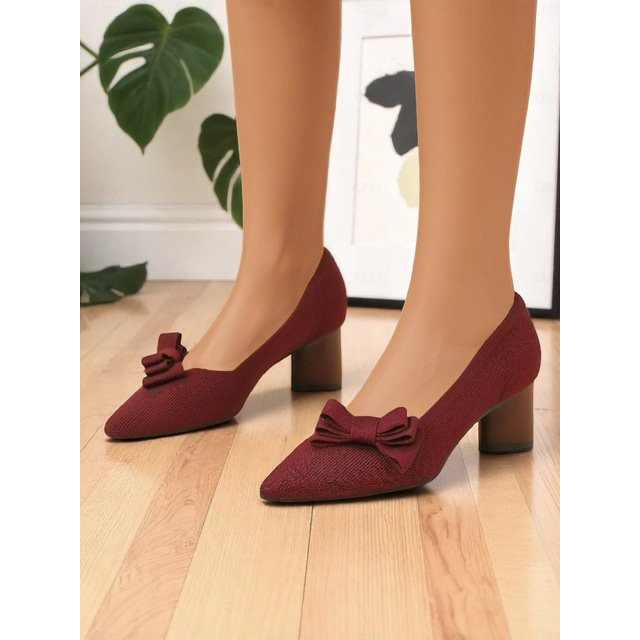  Women's Green Knit Bow Block Heels – Breathable Flyknit Fabric, Lightweight & Comfortable Mid Heels for Commuting, Office and Daily Wear