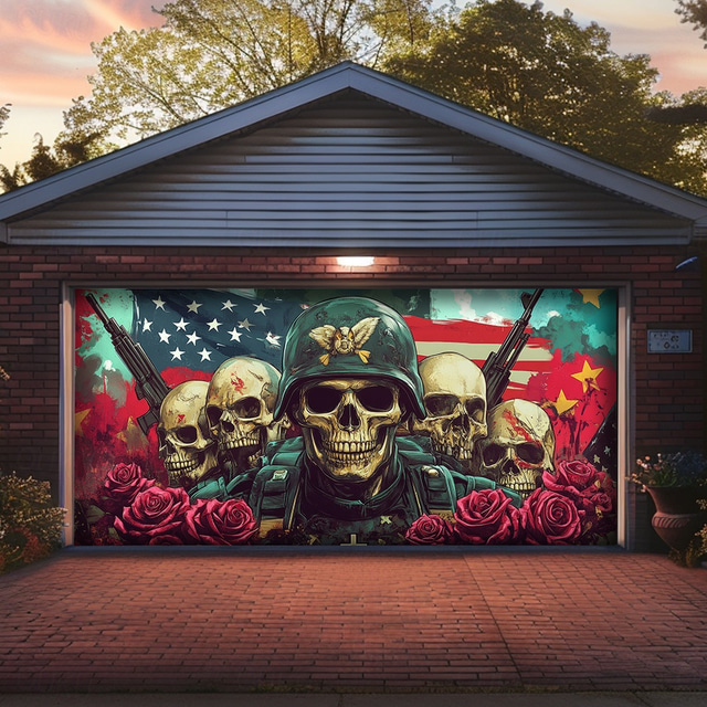 Halloween Door Decorations Garage Door Cover Skull 4th of July Independence Day Outdoor Banner Large Backdrop for Holiday Outdoor Garage Door Home Wall Decorations