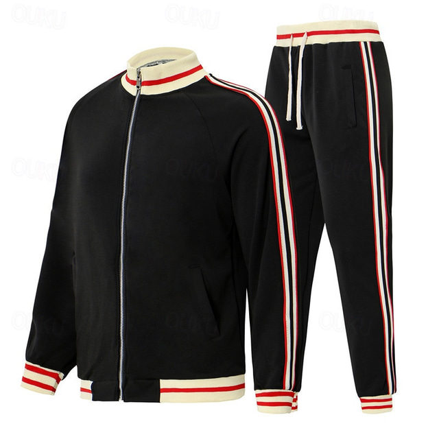  Men's T-shirt Suits Shirt and Pant Sets 2 Pieces Outfits Long Sleeve Stand Collar Summer Stripes Fashion Casual 2 Piece Vacation Daily Wear Going out Black Red Navy Blue Top Tee for Men