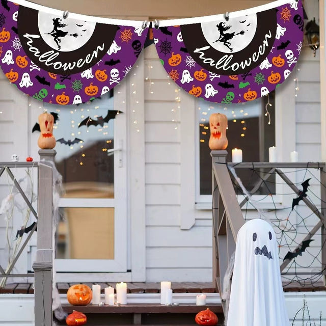  Halloween Fan Flag Bunting Outdoor Flag for Outdoor Halloween Yard Fence Hanging Spooky Pumpkin Banner Flag Table Decor Fall Room Decor Aesthetic Halloween Birthday Party Decor